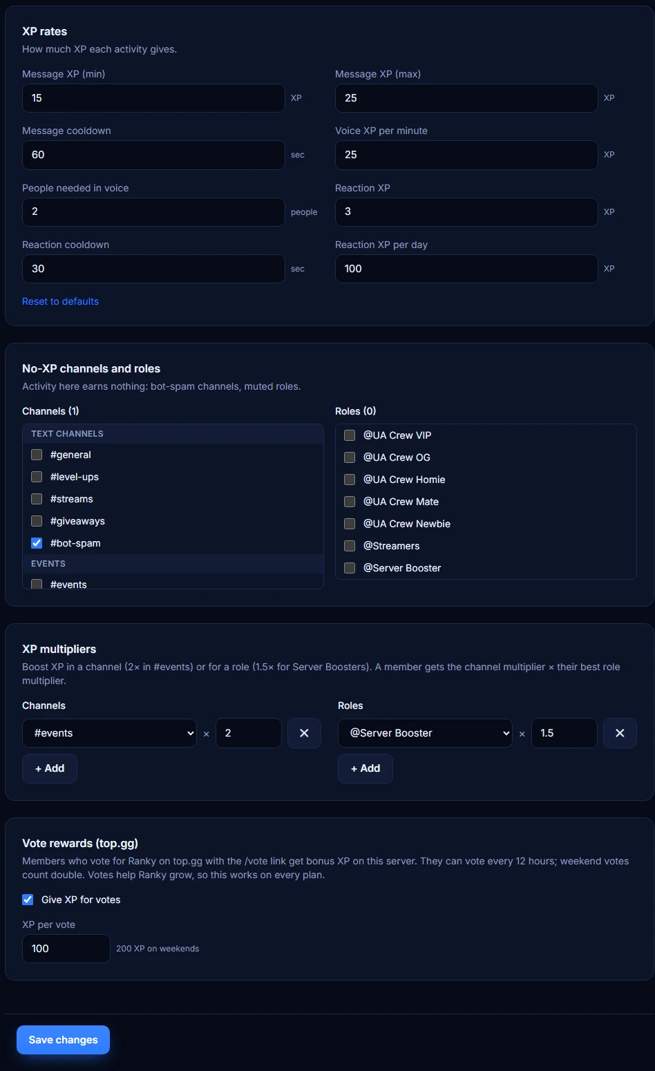 XP settings and multipliers